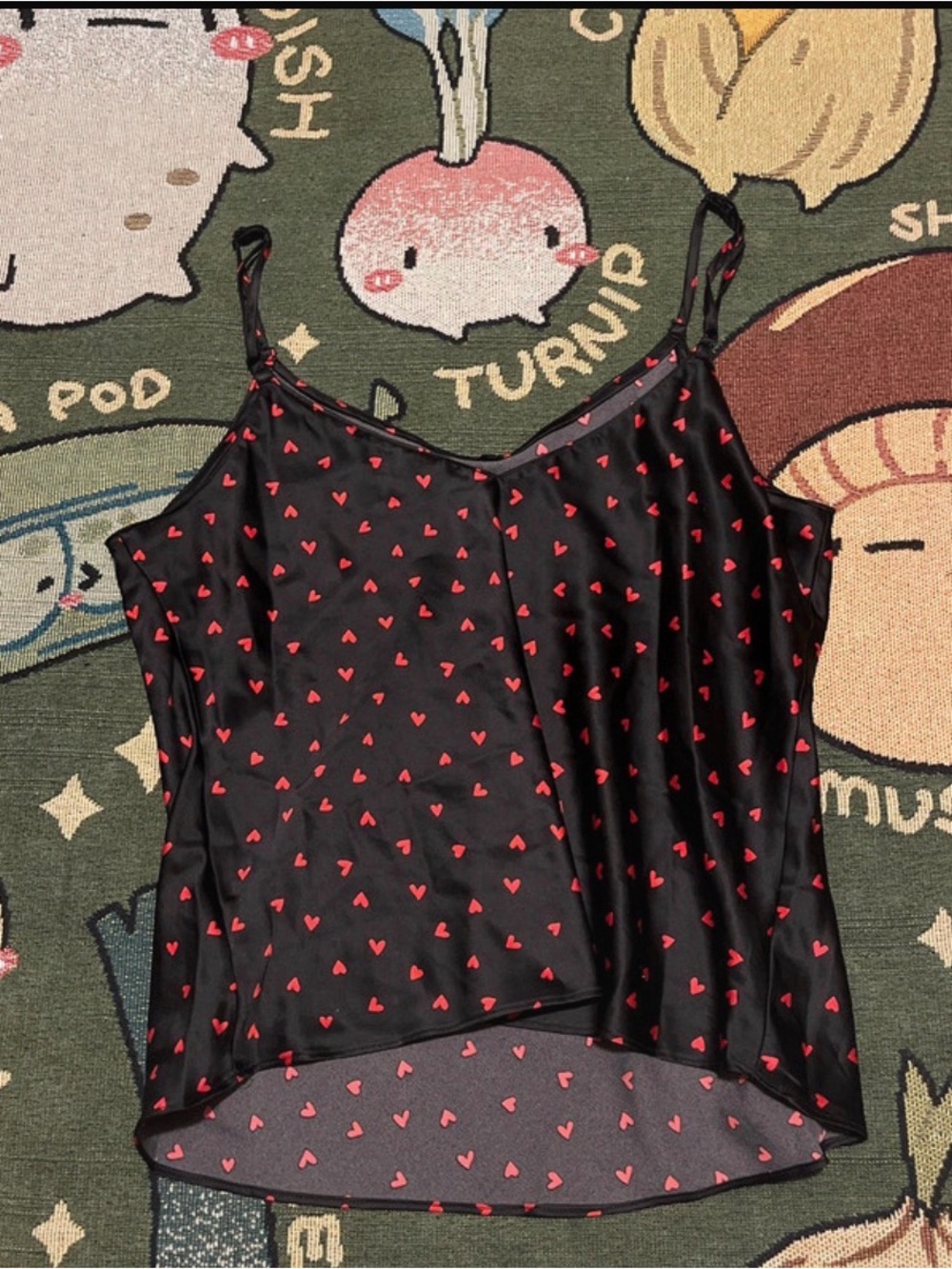 Black Satin Cami with Red Heart Print